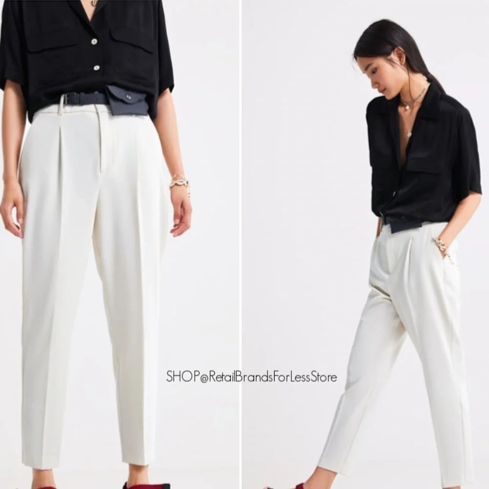 ZARA ECRU OYSTER WHITE TWILL BELTED PANTS TROUSERS WITH BELT POUCH BAG